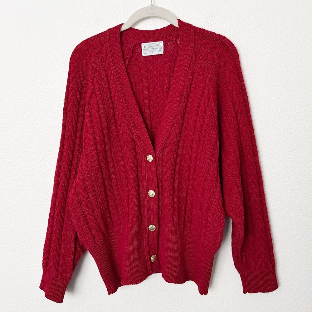 [Pendleton] Red Virgin Wool Cable Knit Grandpa Ca… - image 1